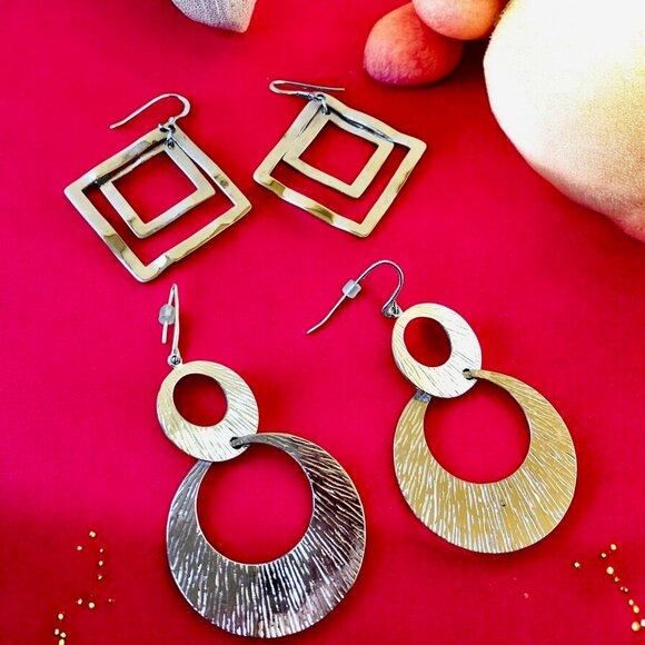 Fashion Silver Color Earrings Dangle French Wire Pierced Lot Of 2 Pairs - Picture 3 of 10